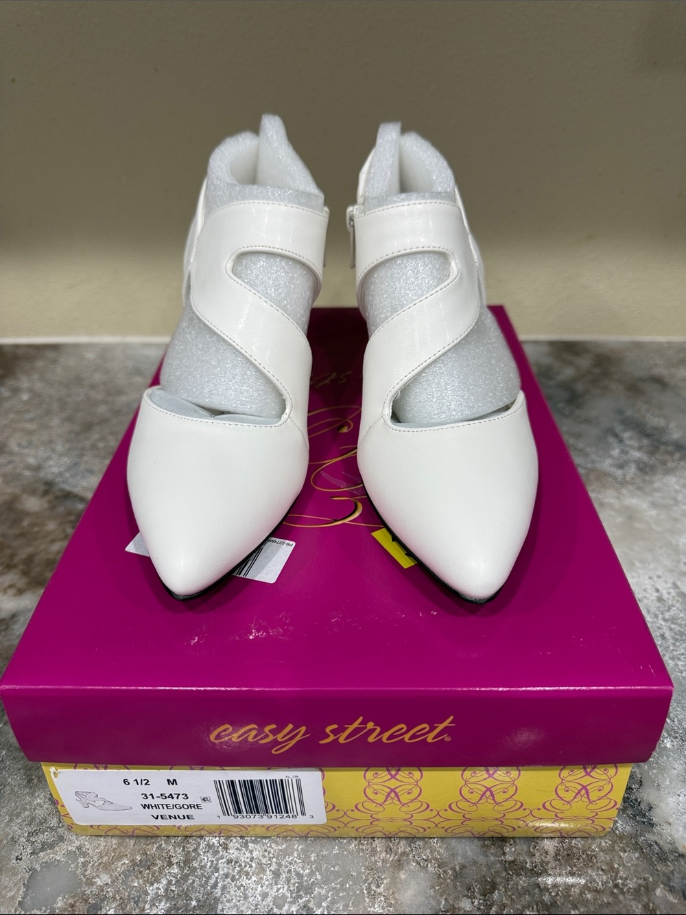 easy street White Pointed Strap Evening Heels